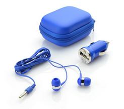 Reiseset (Kopfhörer, Auto Ladegerät) blau
